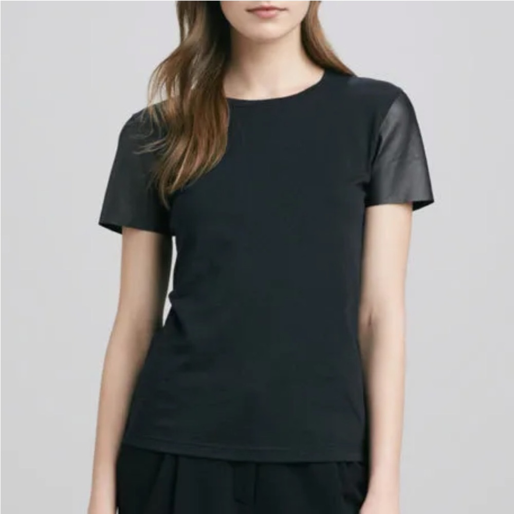 VINCE Cotton Tee Top w Black Lamb Leather Short Sleeves Size M